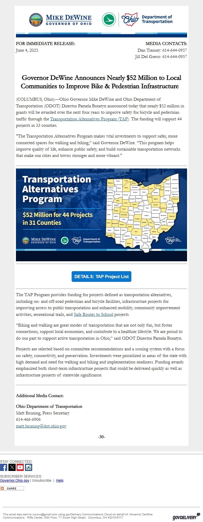 Screenshot of the email generated on import