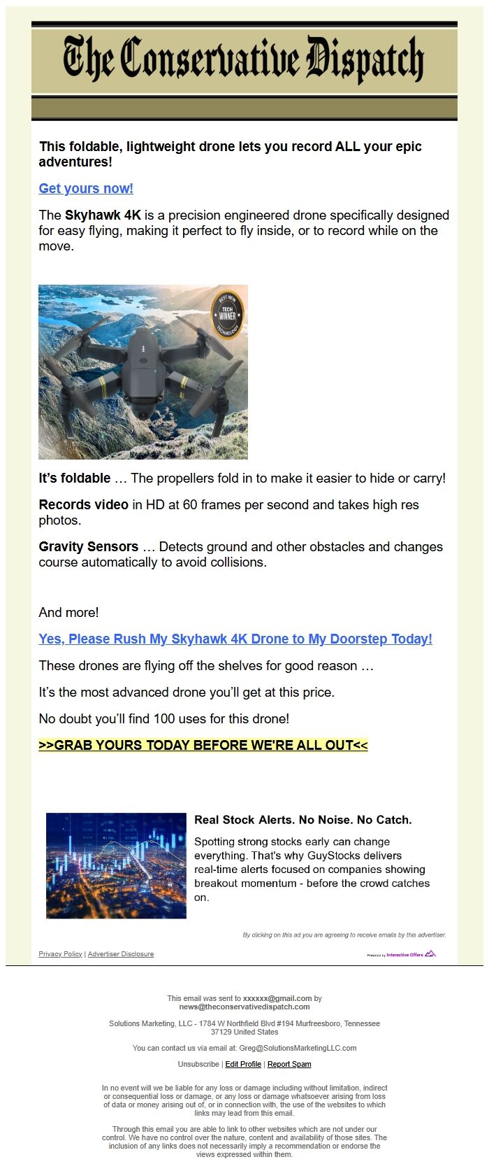 Screenshot of the email generated on import