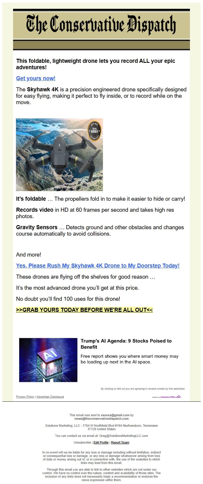 Screenshot of the email generated on import