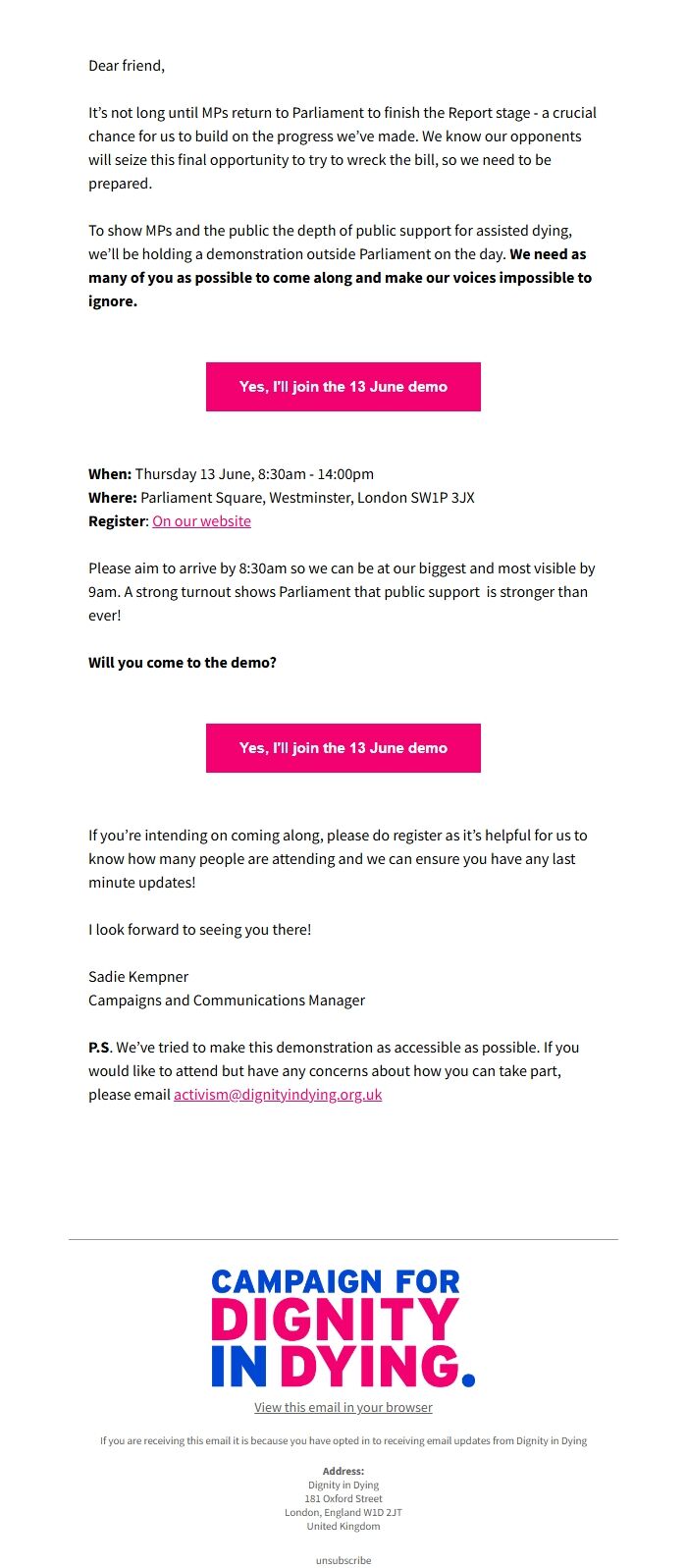 Screenshot of the email generated on import