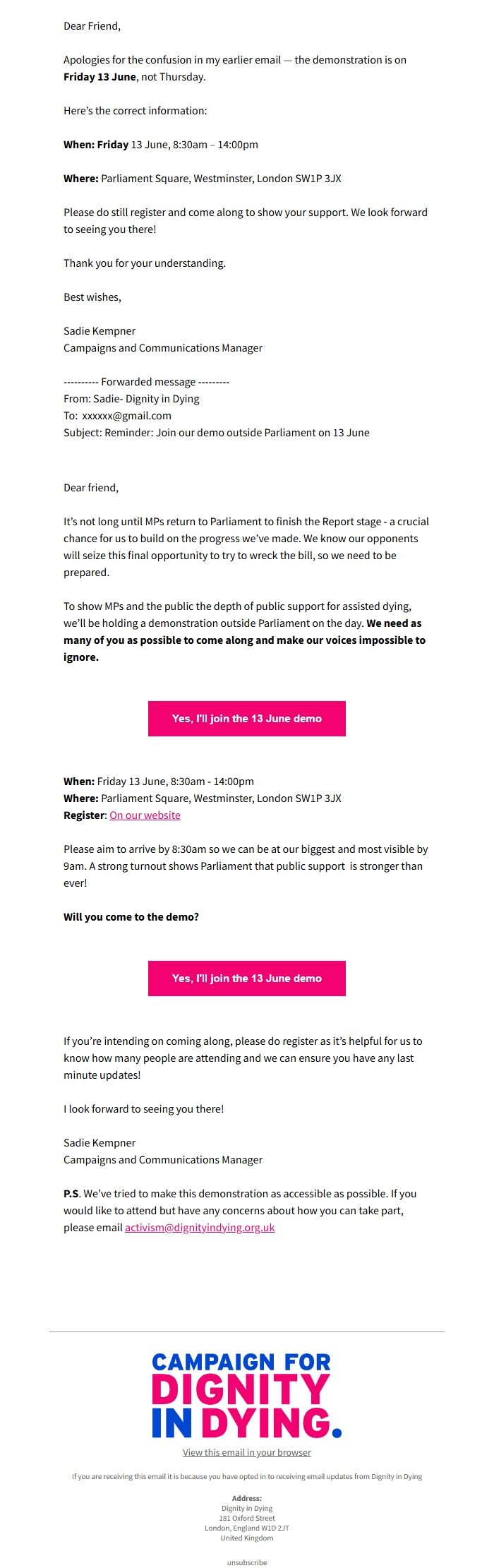 Screenshot of the email generated on import