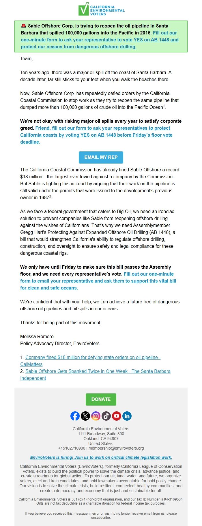 Screenshot of the email generated on import