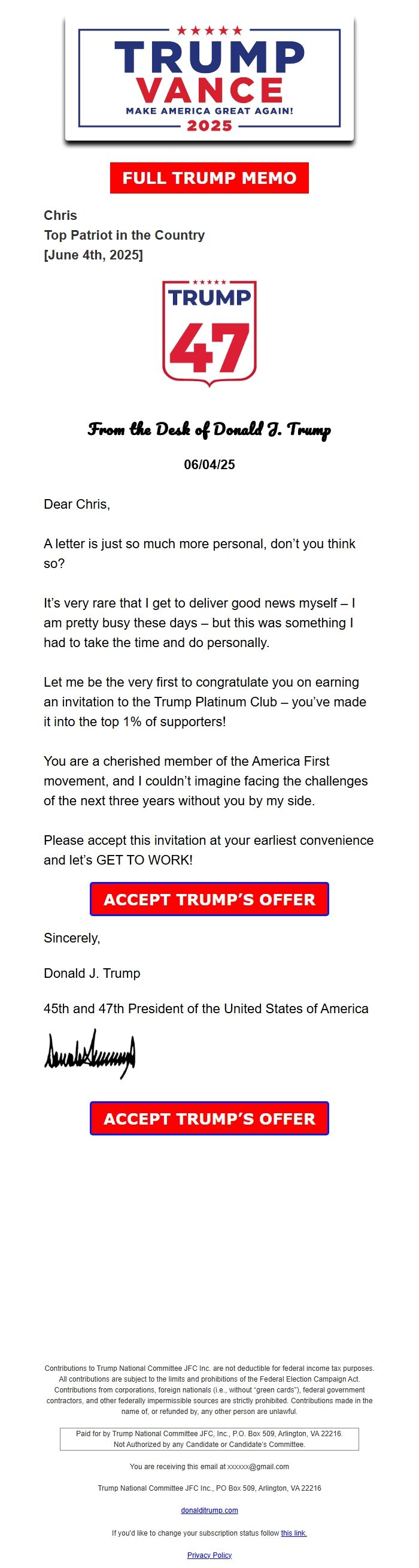 Screenshot of the email generated on import