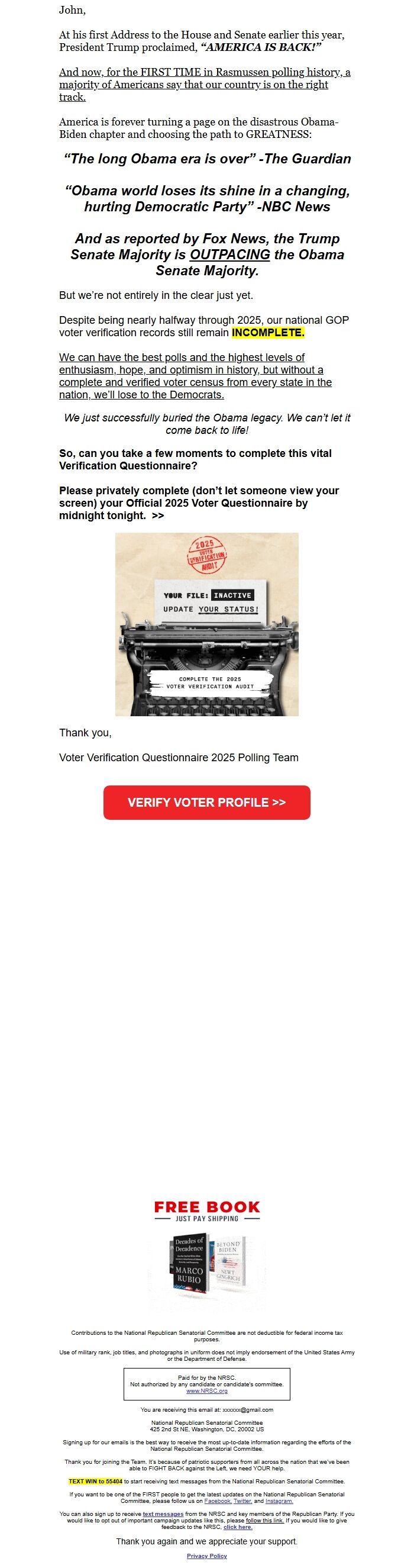 Screenshot of the email generated on import