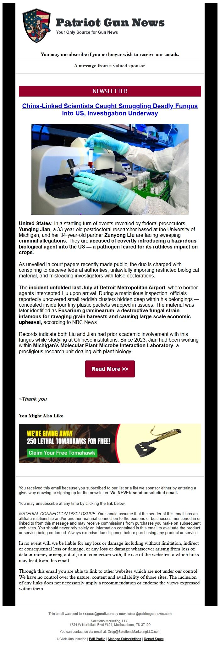Screenshot of the email generated on import
