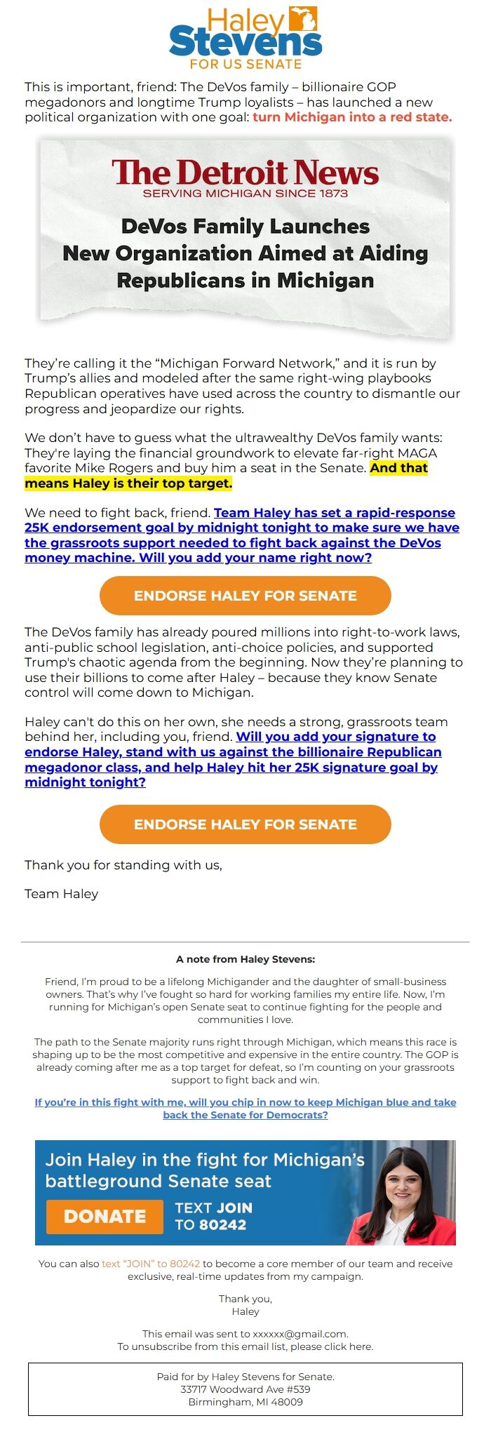 Screenshot of the email generated on import