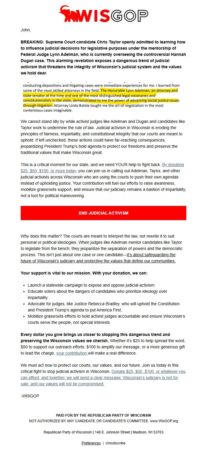 Screenshot of the email generated on import