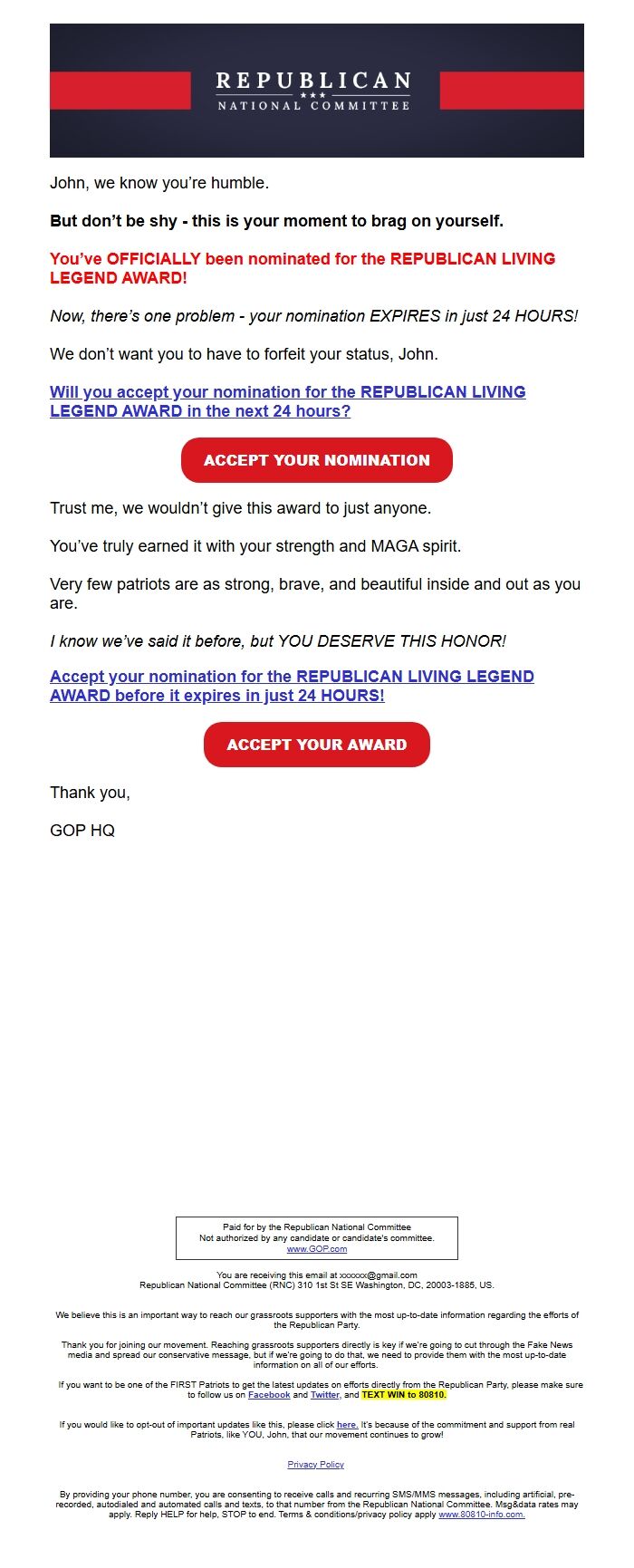Screenshot of the email generated on import