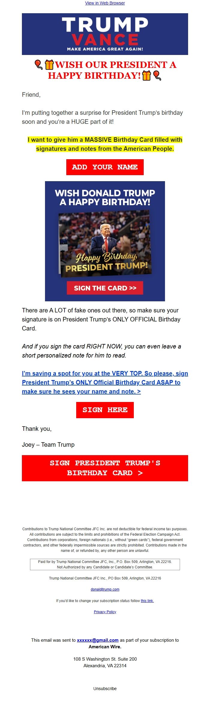 Screenshot of the email generated on import