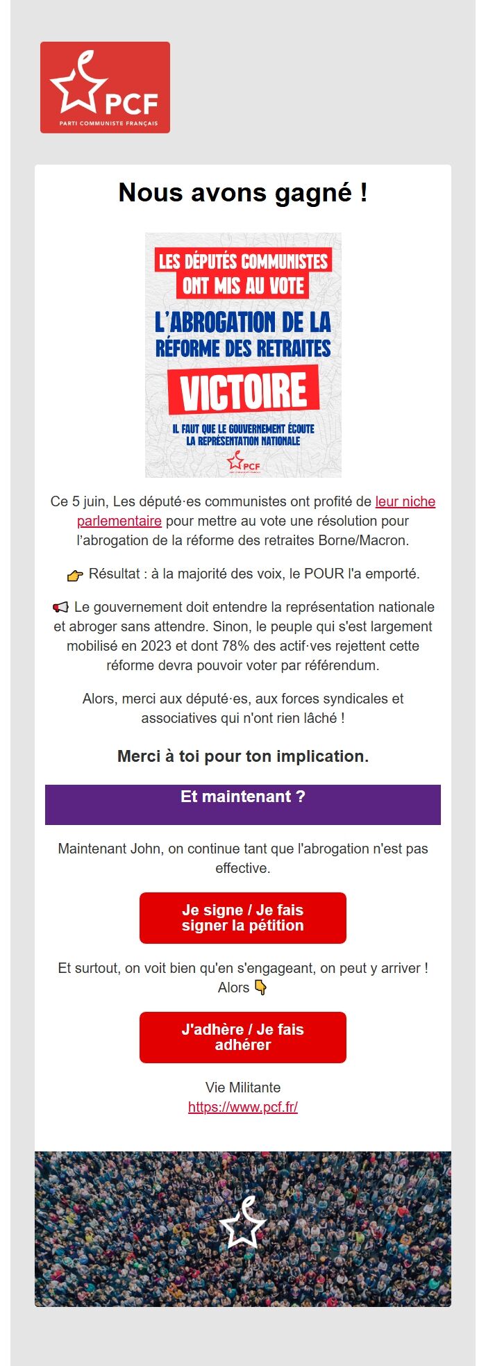 Screenshot of the email generated on import