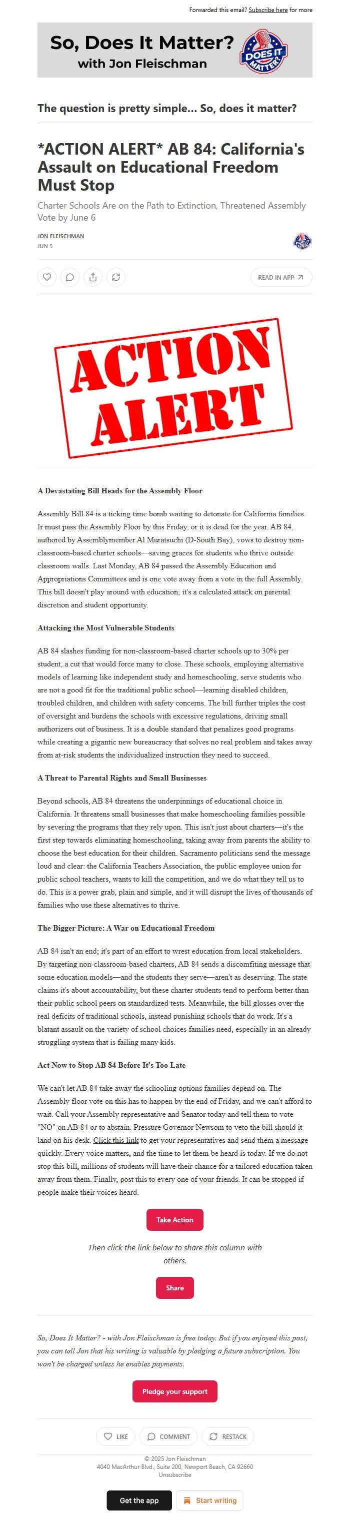 Screenshot of the email generated on import