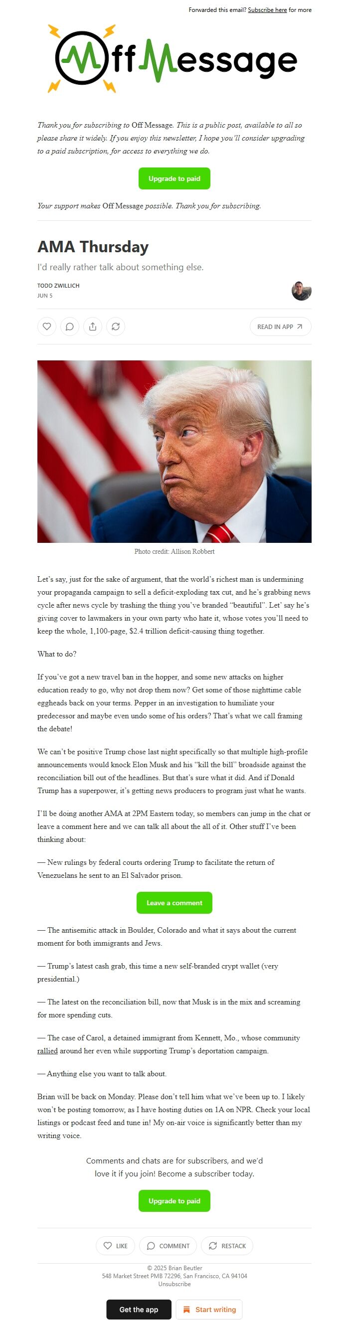 Screenshot of the email generated on import