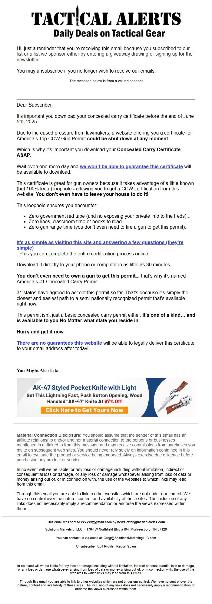Screenshot of the email generated on import