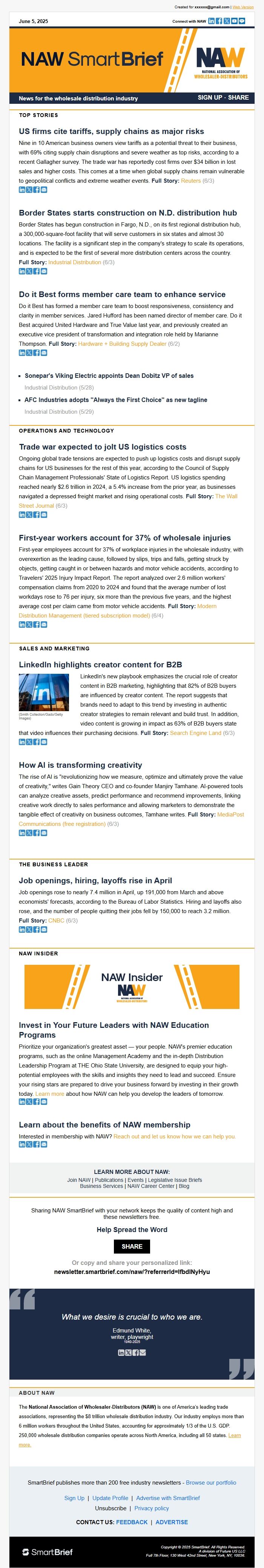 Screenshot of the email generated on import