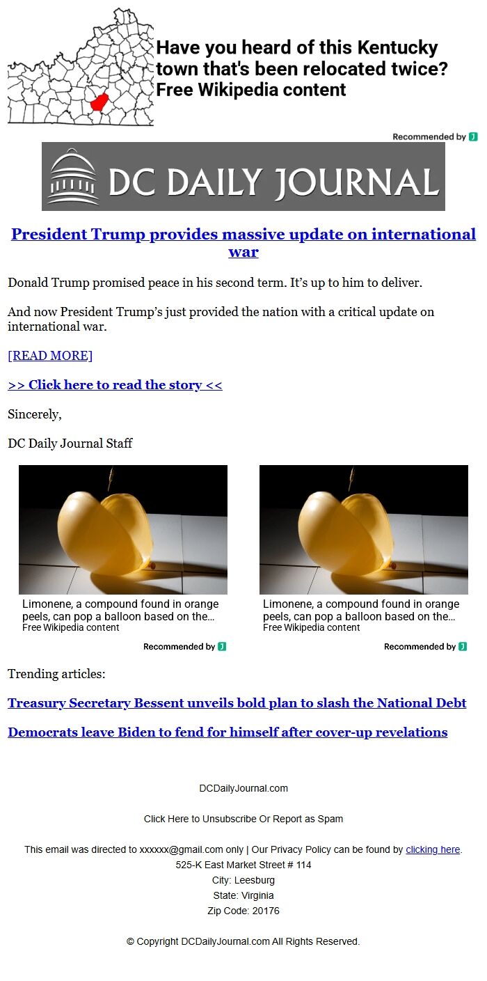 Screenshot of the email generated on import