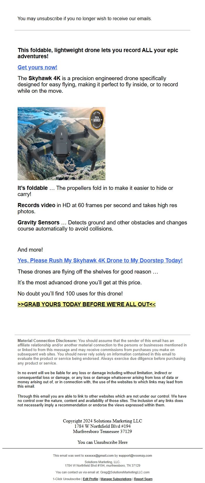 Screenshot of the email generated on import