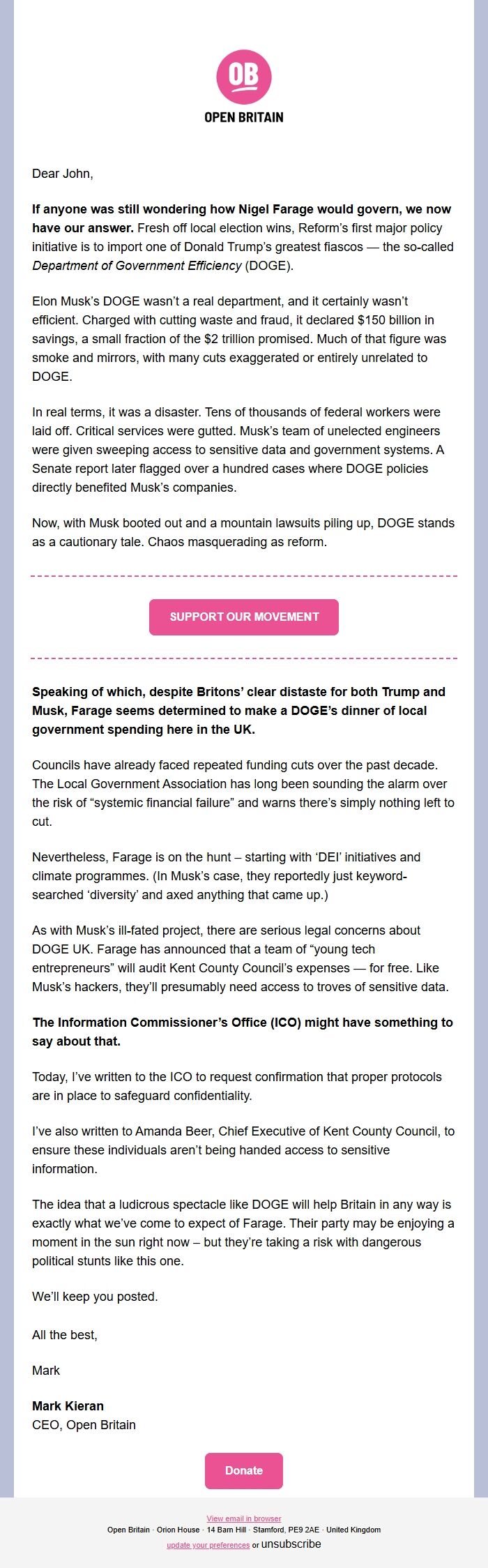 Screenshot of the email generated on import