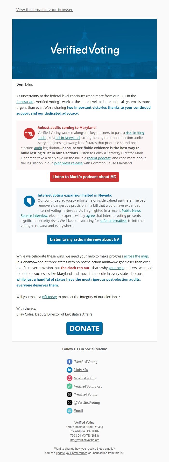 Screenshot of the email generated on import