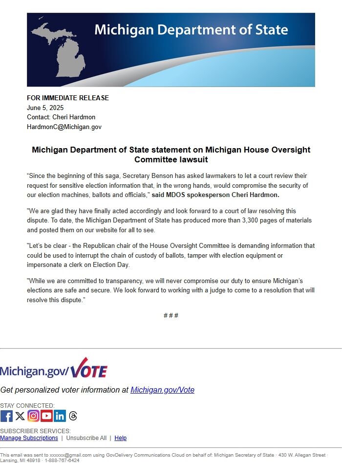 Screenshot of the email generated on import