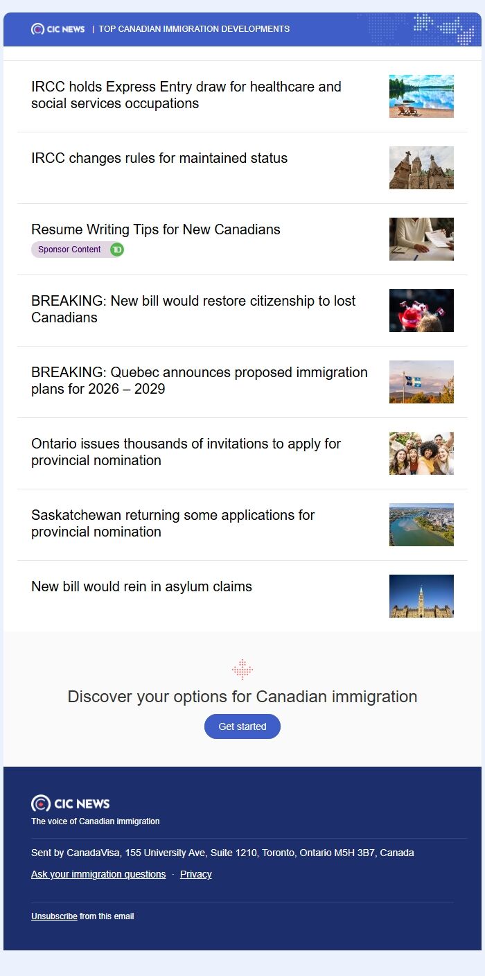 Screenshot of the email generated on import