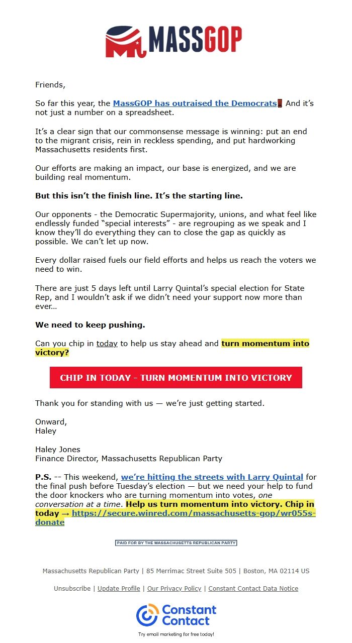 Screenshot of the email generated on import