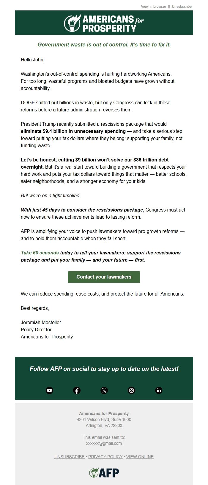 Screenshot of the email generated on import