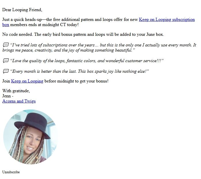 Screenshot of the email generated on import