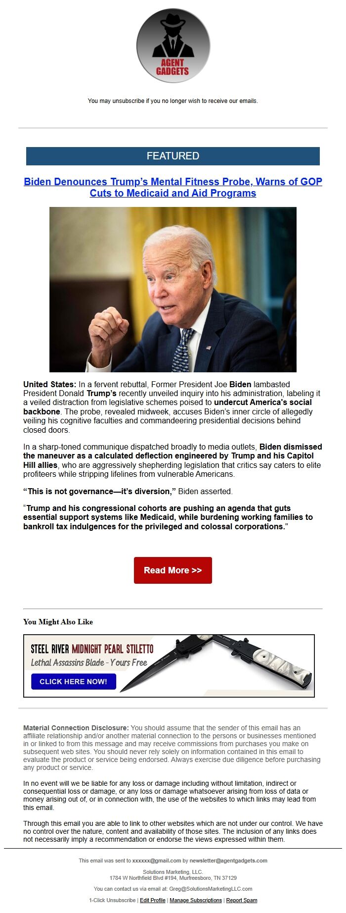 Screenshot of the email generated on import
