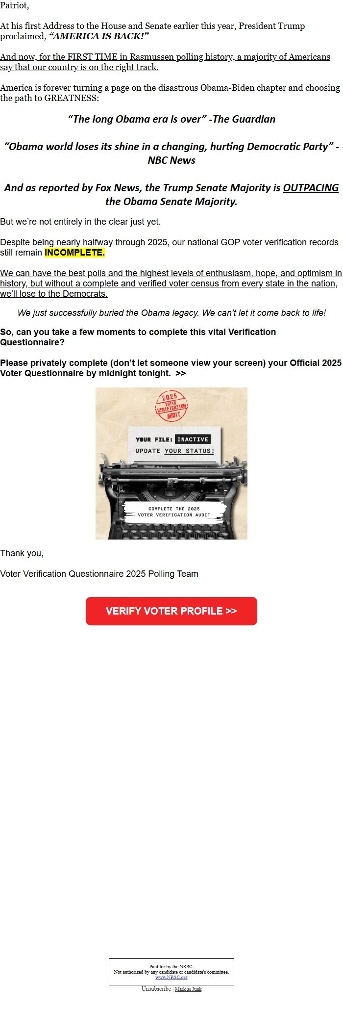 Screenshot of the email generated on import