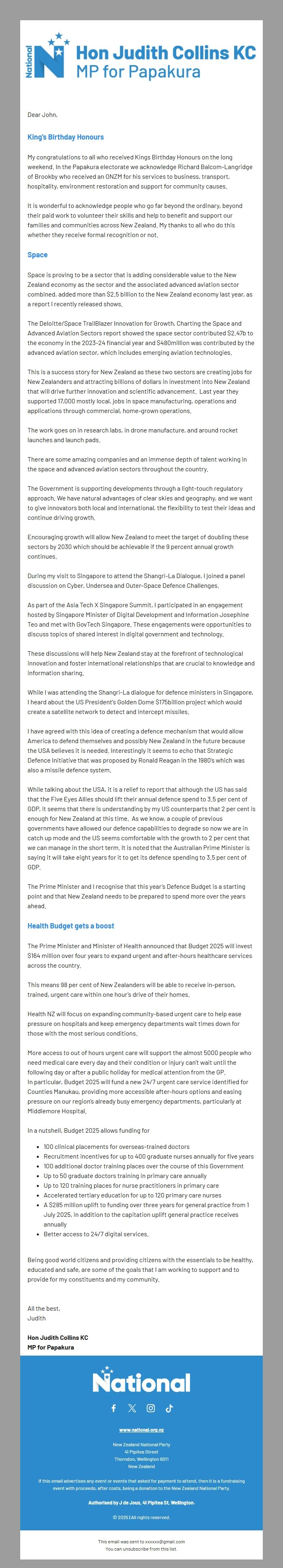 Screenshot of the email generated on import