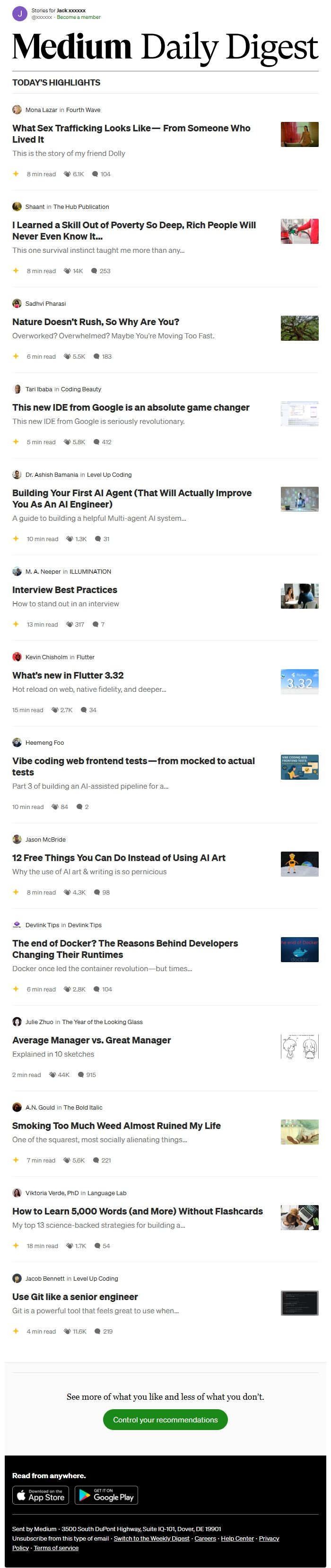 Screenshot of the email generated on import