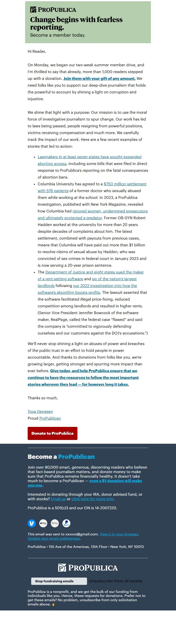 Screenshot of the email generated on import