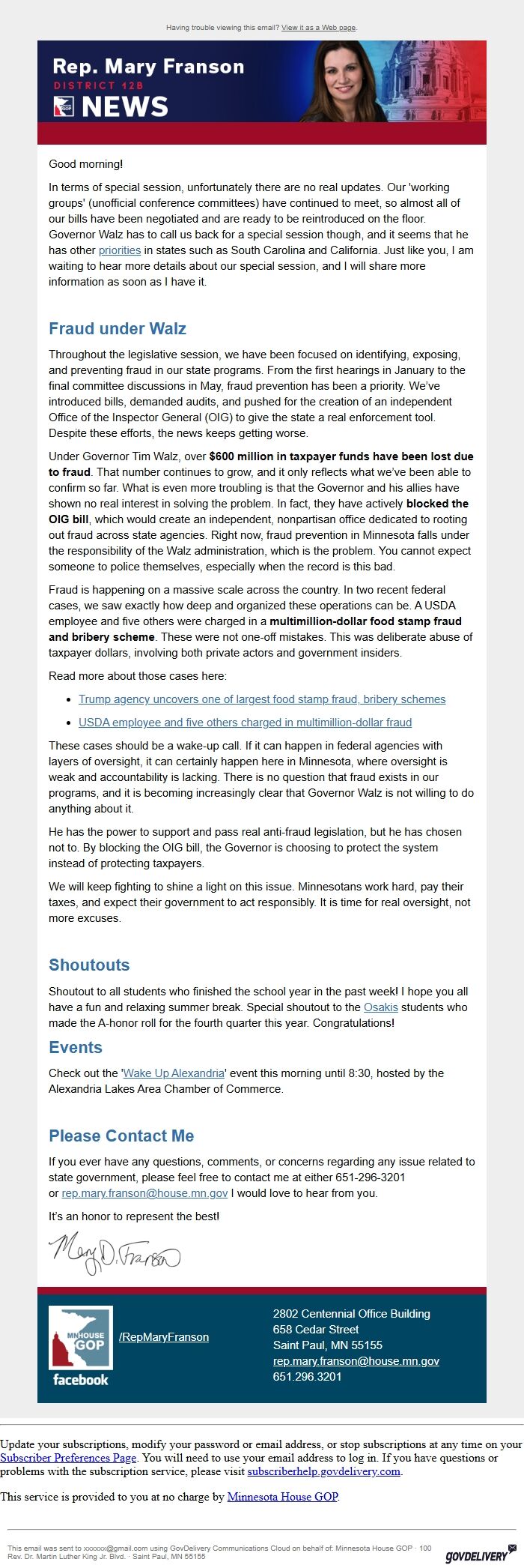 Screenshot of the email generated on import