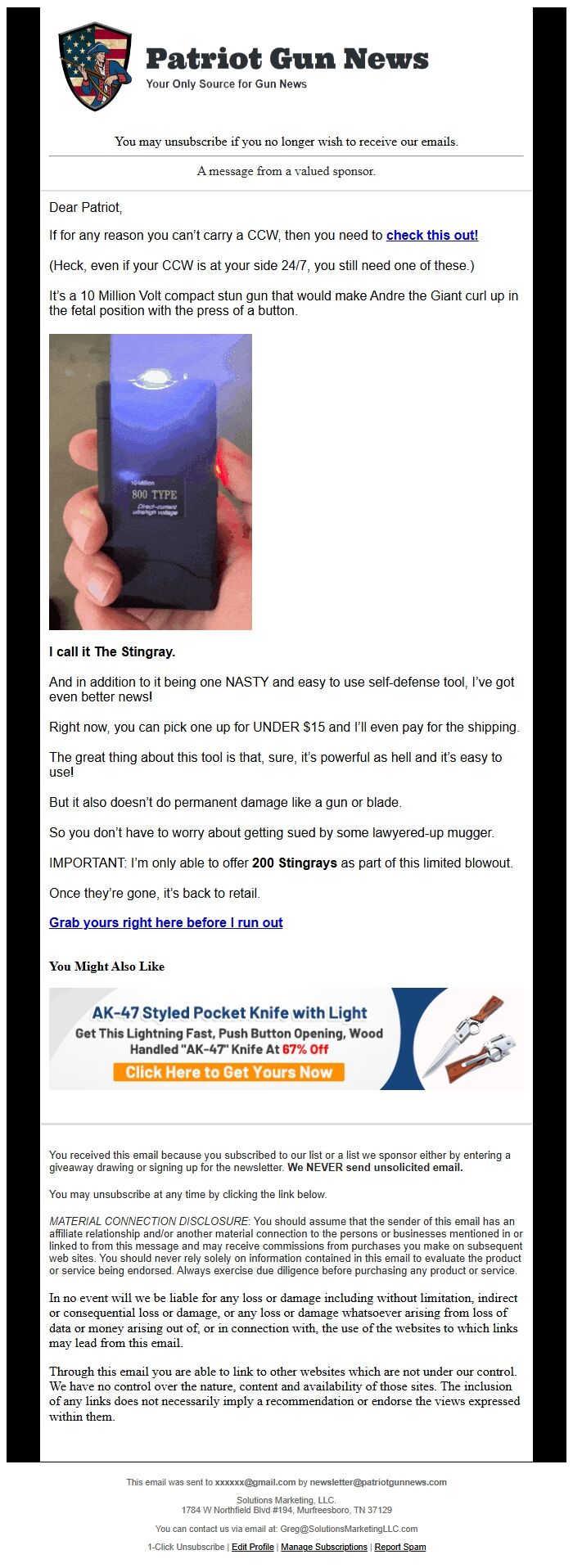 Screenshot of the email generated on import