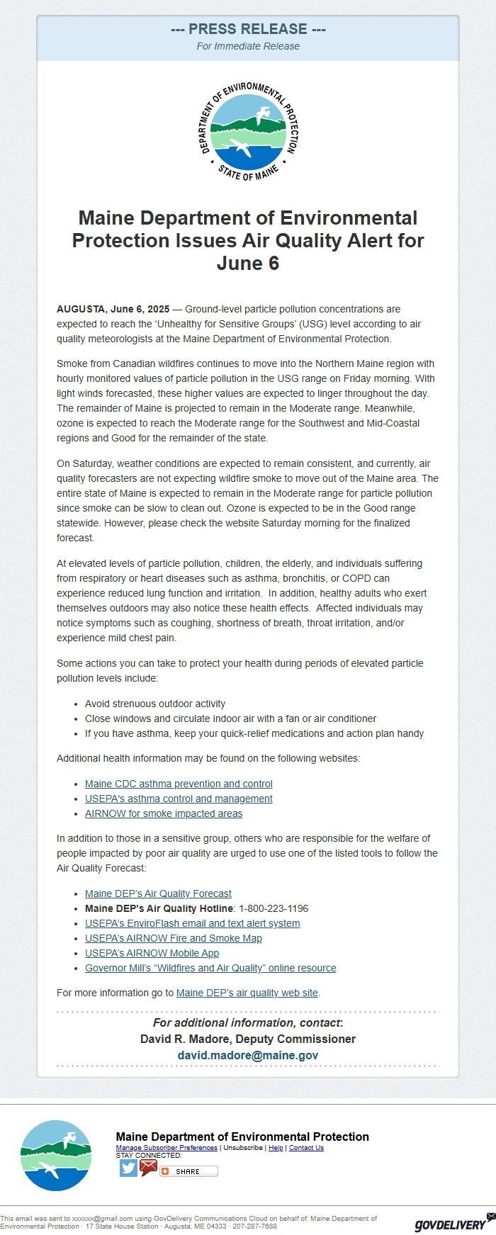 Screenshot of the email generated on import