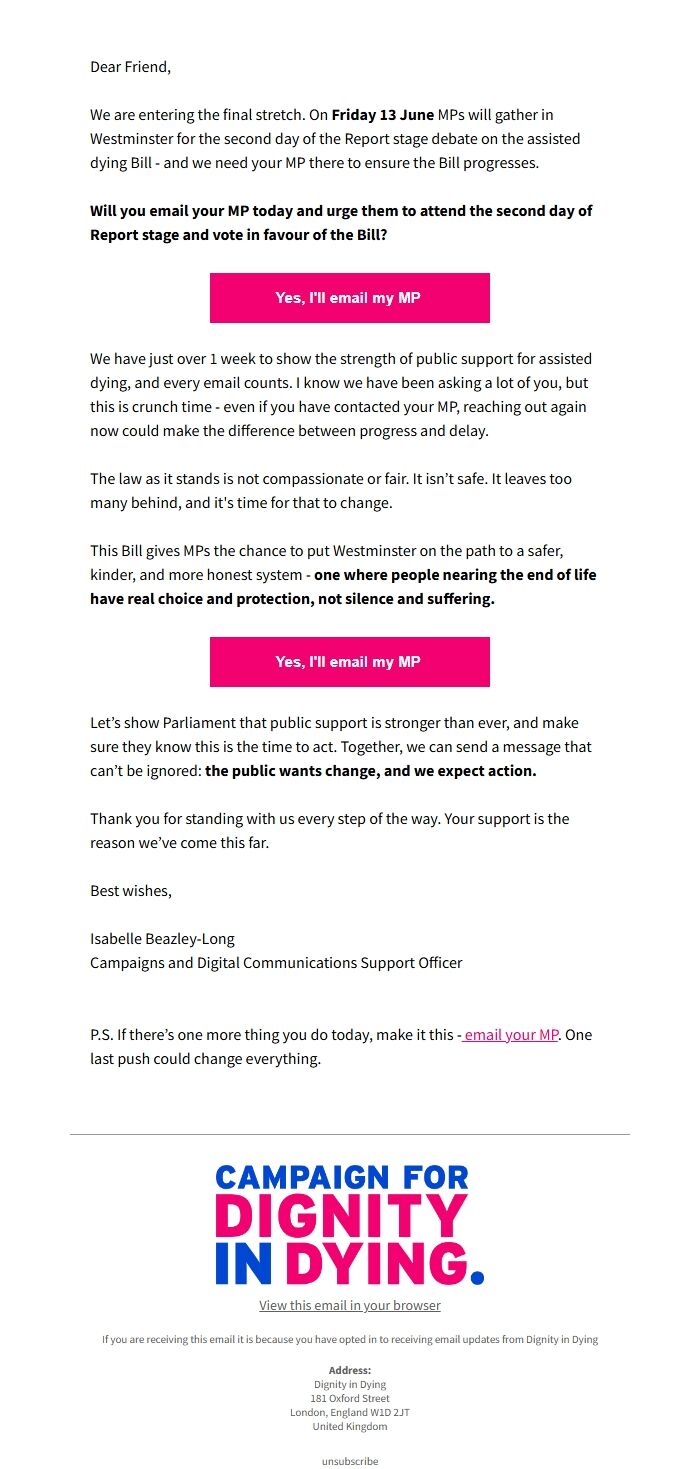 Screenshot of the email generated on import