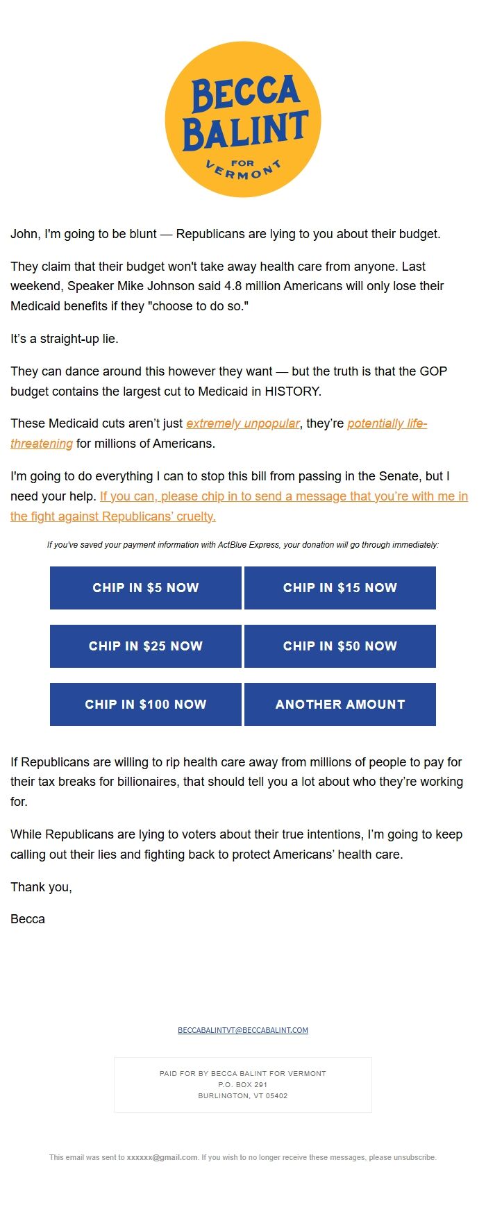 Screenshot of the email generated on import
