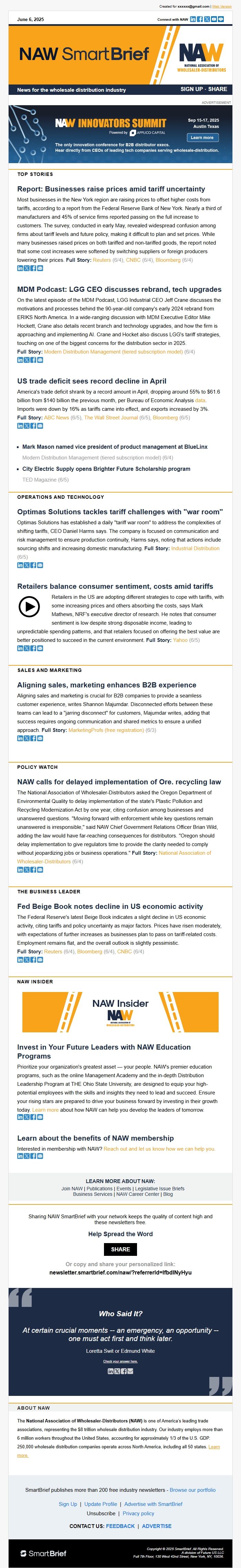Screenshot of the email generated on import