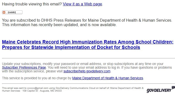 Screenshot of the email generated on import