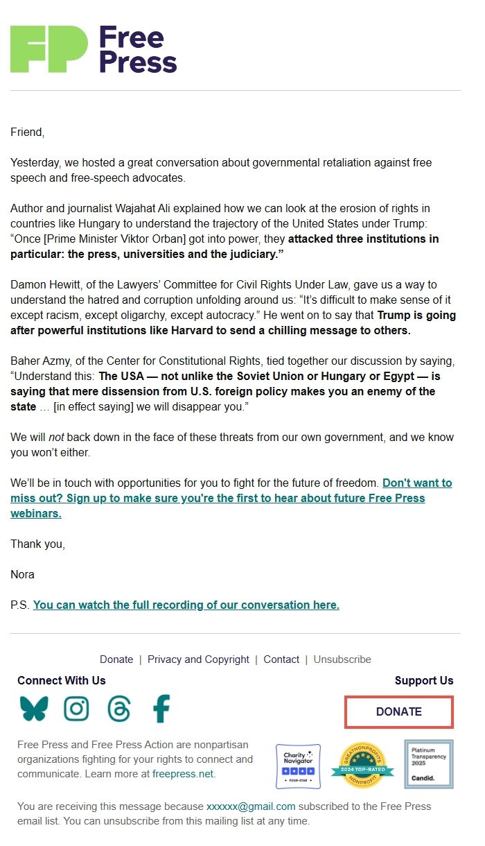 Screenshot of the email generated on import