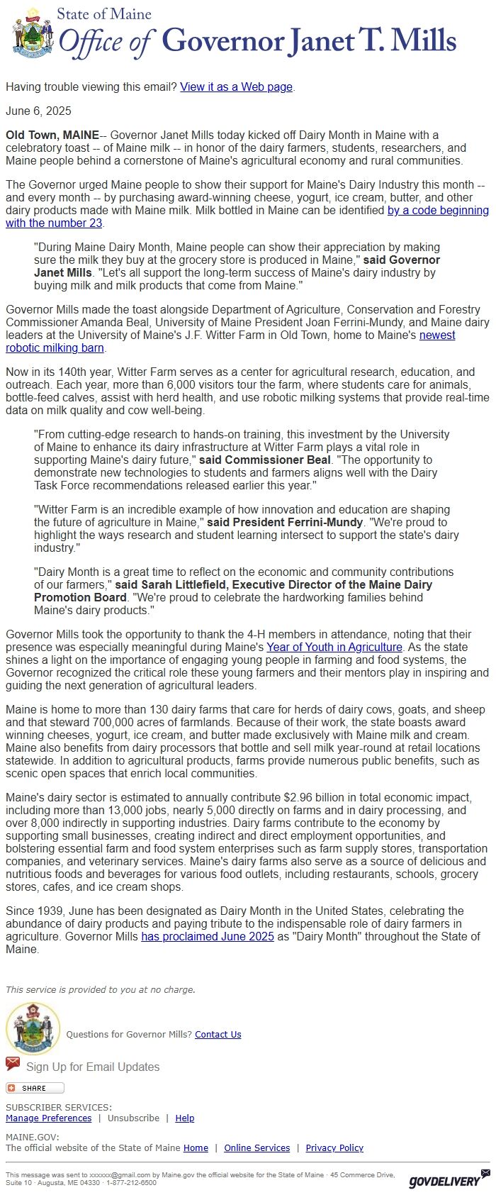 Screenshot of the email generated on import