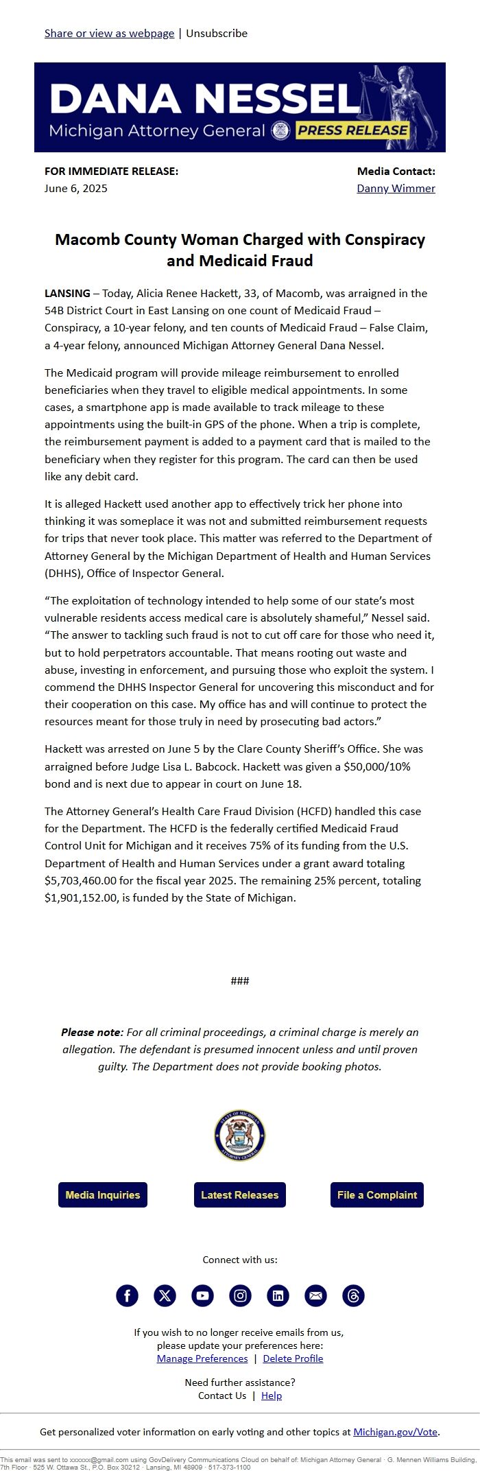 Screenshot of the email generated on import