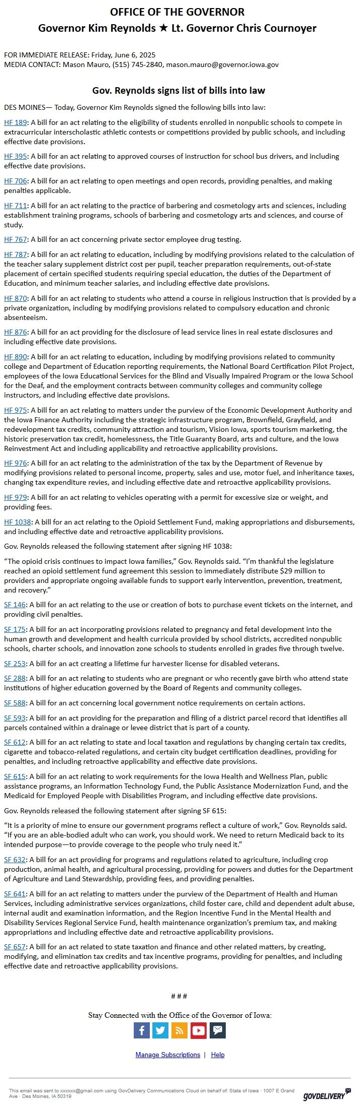 Screenshot of the email generated on import