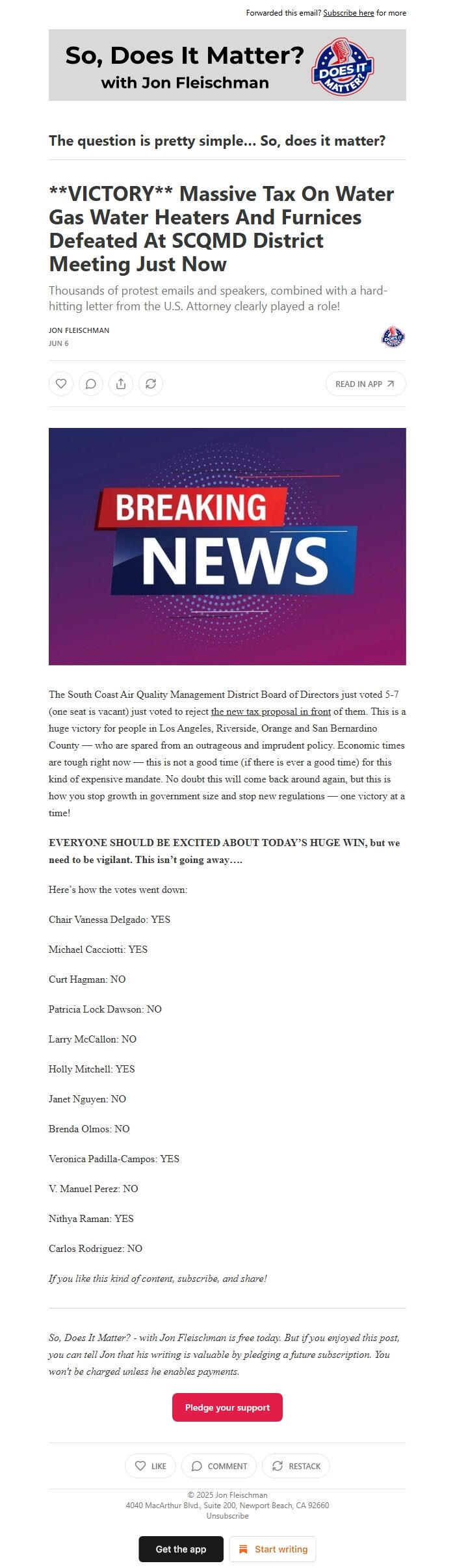 Screenshot of the email generated on import