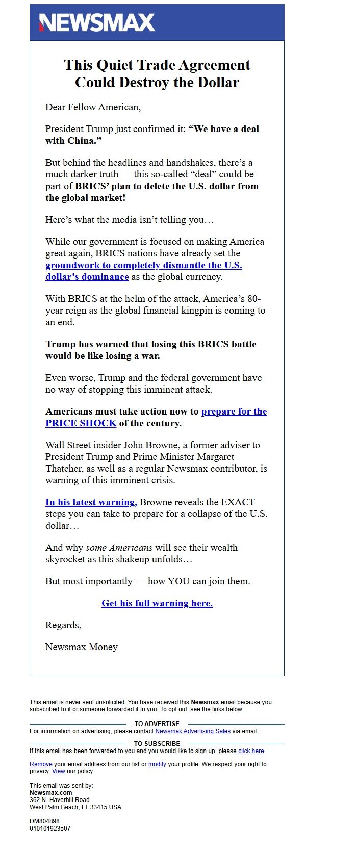 Screenshot of the email generated on import