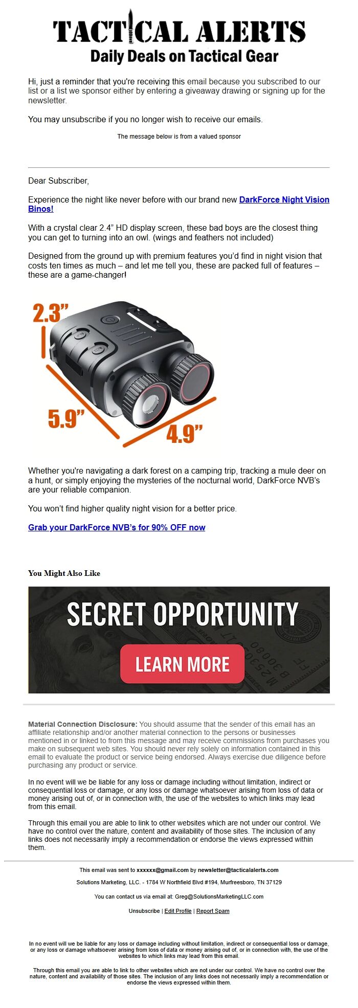 Screenshot of the email generated on import