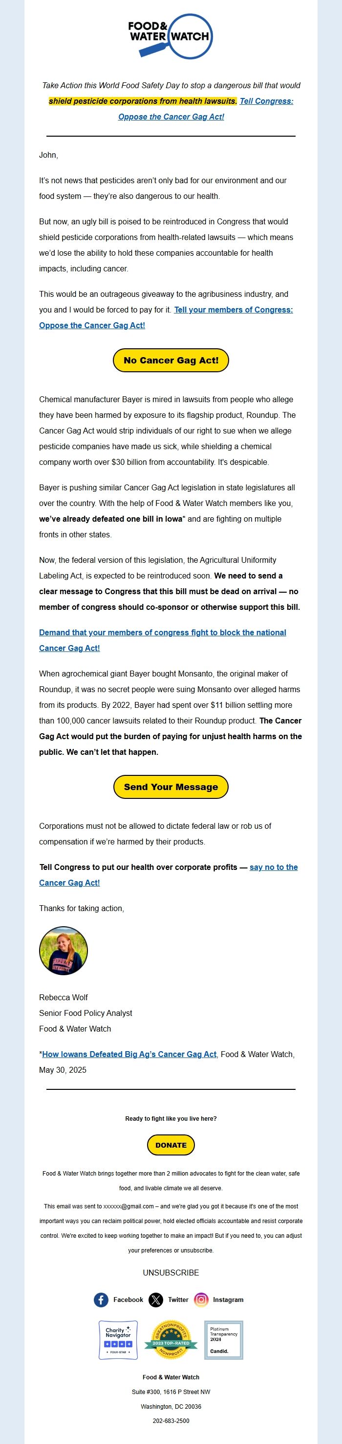 Screenshot of the email generated on import