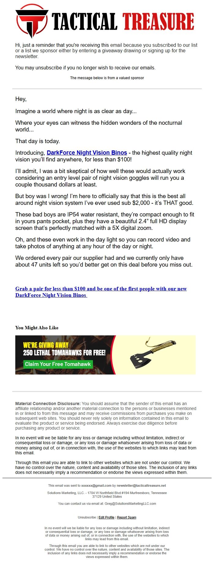 Screenshot of the email generated on import