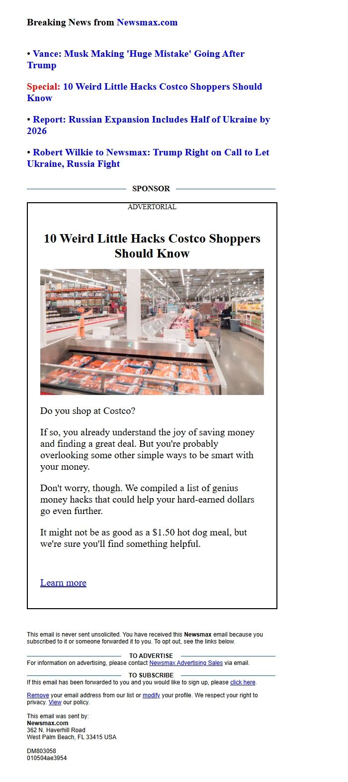Screenshot of the email generated on import