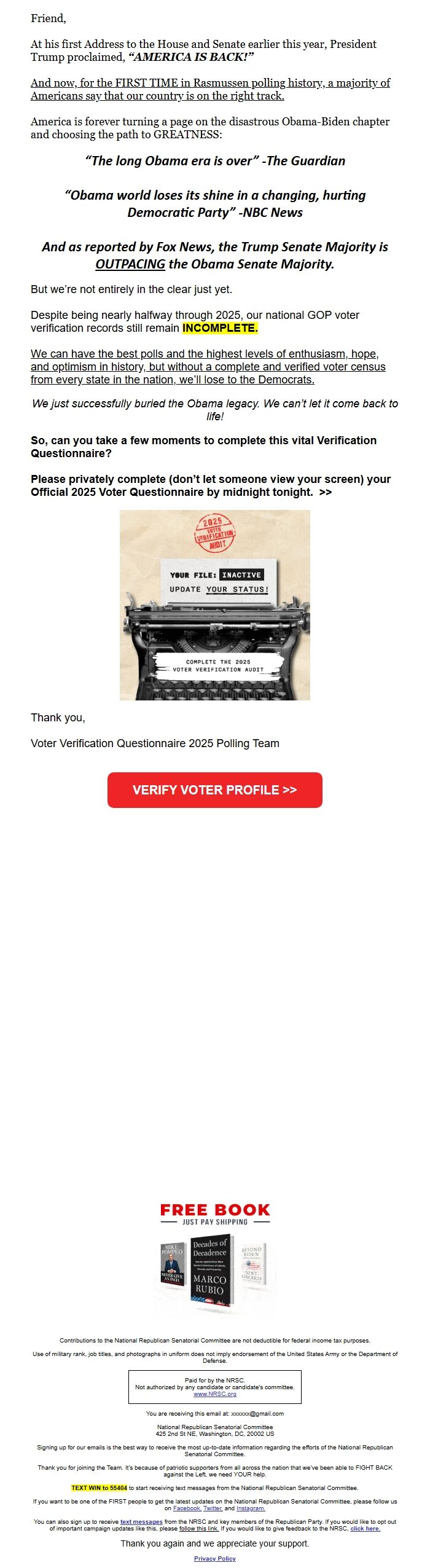 Screenshot of the email generated on import